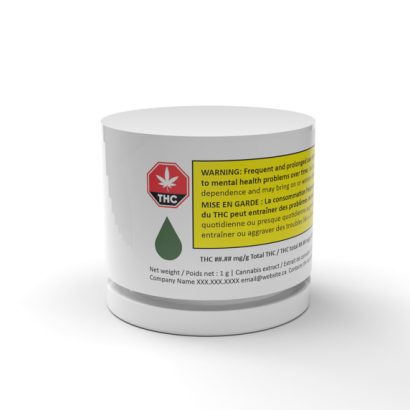 The Canadian Shatter Jar: glass jar for concentrates with compatible child-resistant lid, designed with space allocated for a fully regulated label for the Canadian Cannabis Market