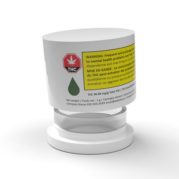 The Canadian Shatter Jar: glass jar for concentrates with compatible child-resistant lid, designed with space allocated for a fully regulated label for the Canadian Cannabis Market