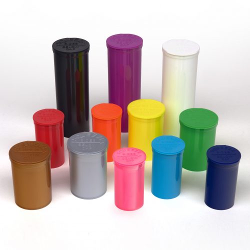 Cannasupplies pop top packaging solution for prerolls, dried flower, edibles and more. Opaque stock colour options.
