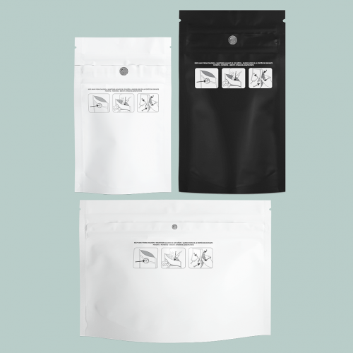 Cannasupplies Stock Black & White CR Pouches: Small, Medium and Large, for dried flower, edibles, and more